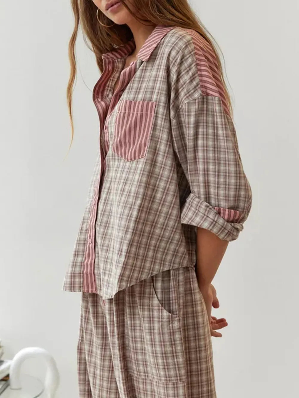 Cotton Blend Pajama Set | Striped Pattern With Plaid Accents