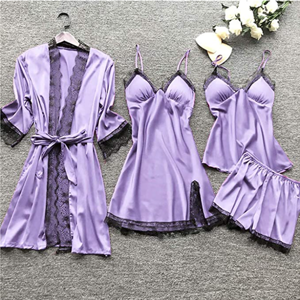 Luxury Silk Sleepwear Set | Lace Trim Kimono With Cami & Shorts