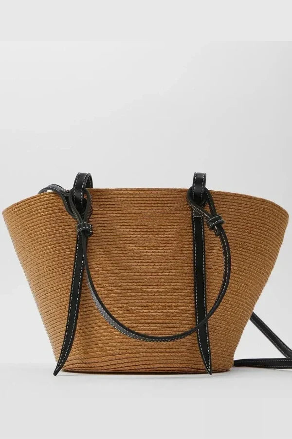 Woven Straw Tote Bag | Leather Trim Natural Finish