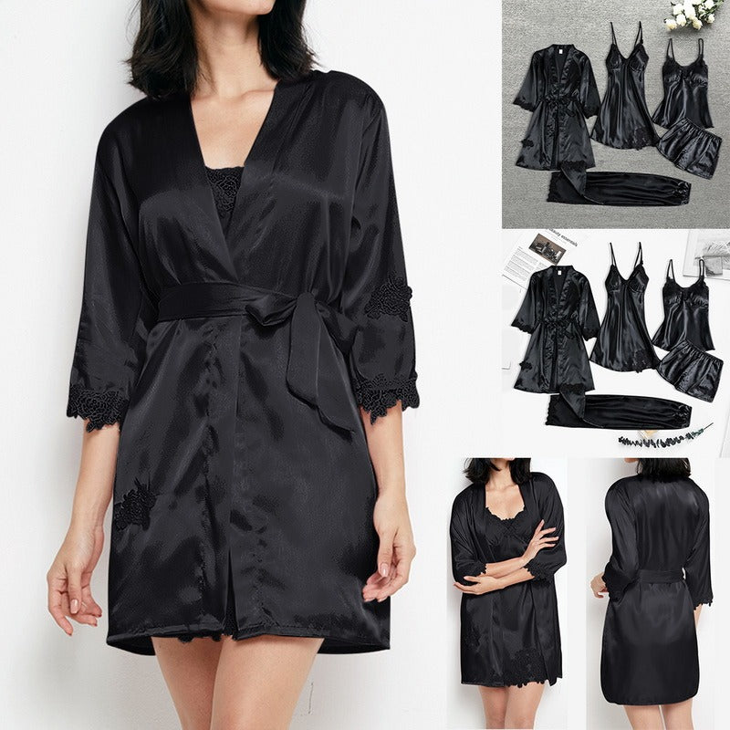 Luxury Silk Sleepwear Set | Lace Trim Kimono With Cami & Shorts