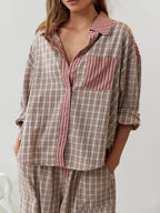 Cotton Blend Pajama Set | Striped Pattern With Plaid Accents