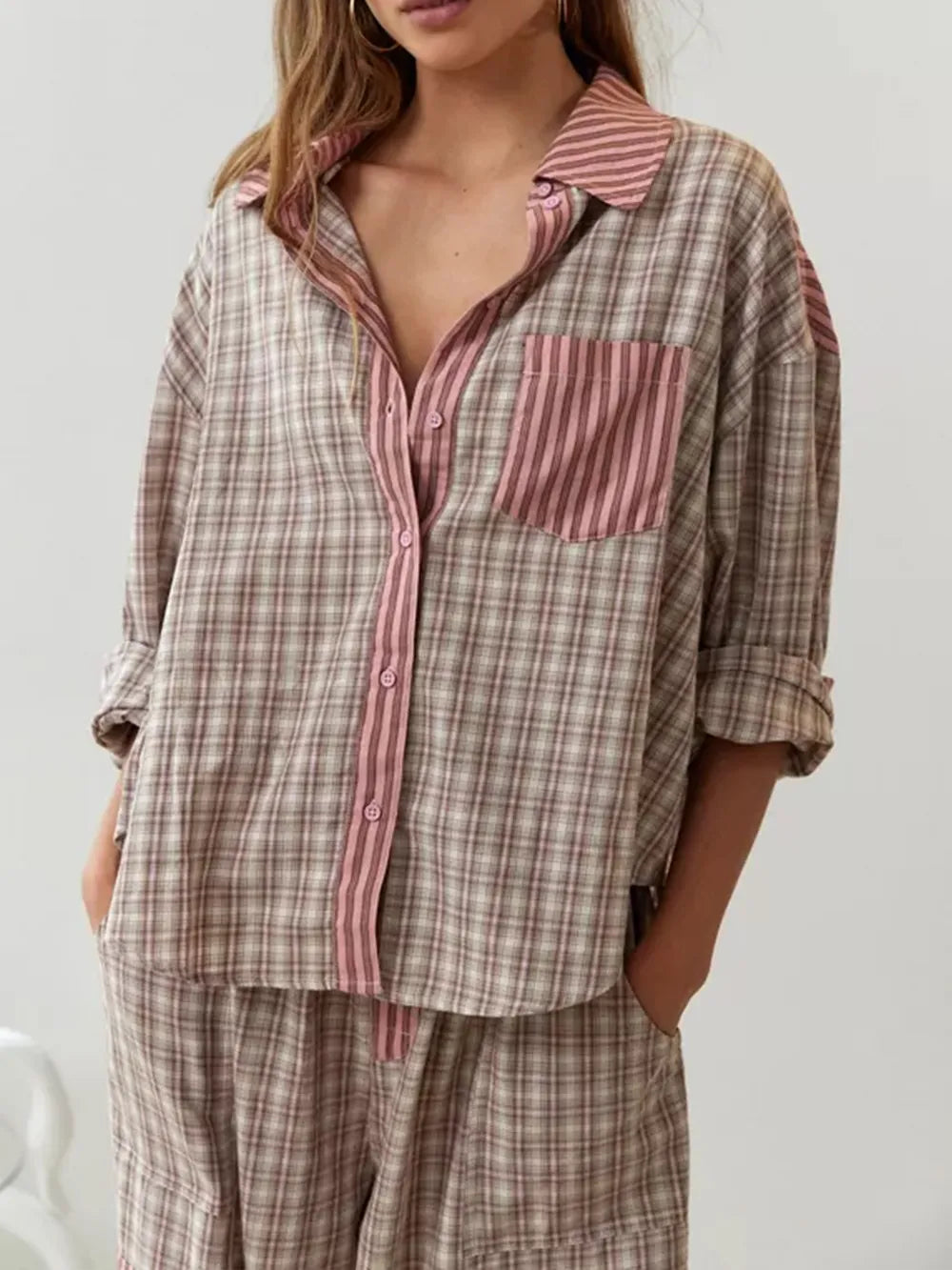 Cotton Blend Pajama Set | Striped Pattern With Plaid Accents
