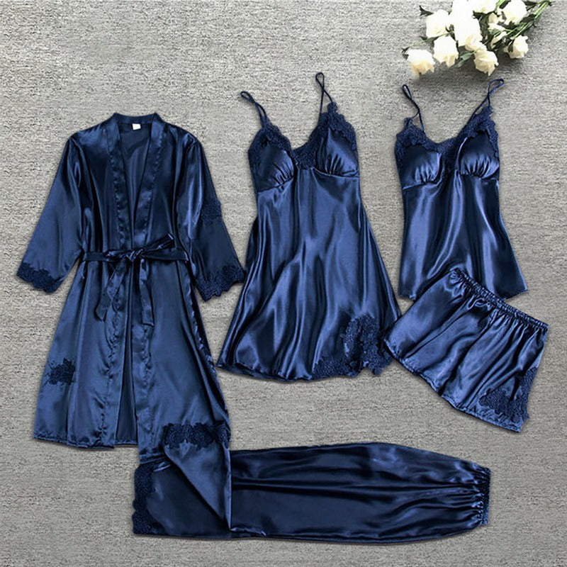 Luxury Silk Sleepwear Set | Lace Trim Kimono With Cami & Shorts