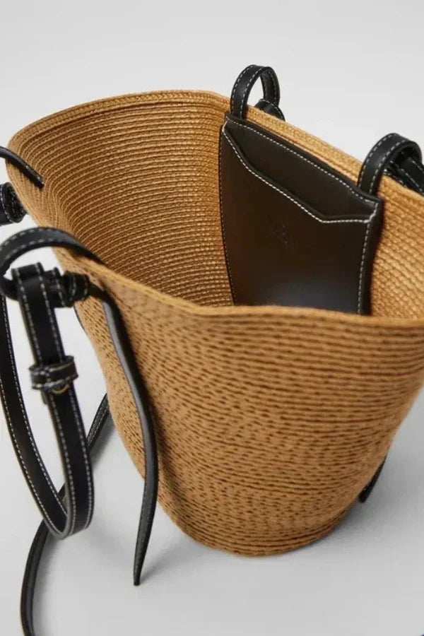 Woven Straw Tote Bag | Leather Trim Natural Finish