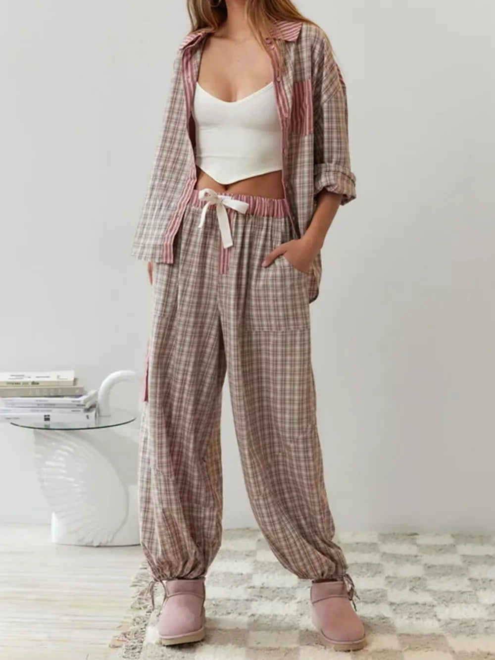 Cotton Blend Pajama Set | Striped Pattern With Plaid Accents