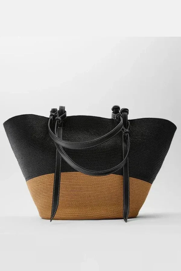 Woven Straw Tote Bag | Leather Trim Natural Finish