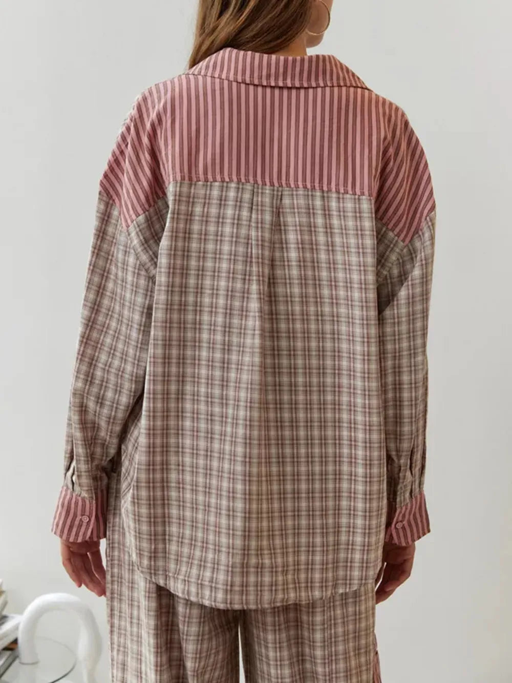 Cotton Blend Pajama Set | Striped Pattern With Plaid Accents