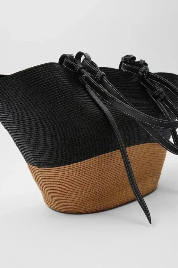 Woven Straw Tote Bag | Leather Trim Natural Finish