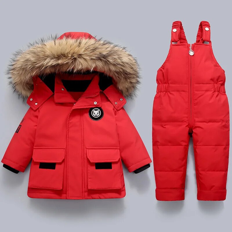 Kids Winter Snow Set | Insulated Jacket with Fur Hood & Overalls