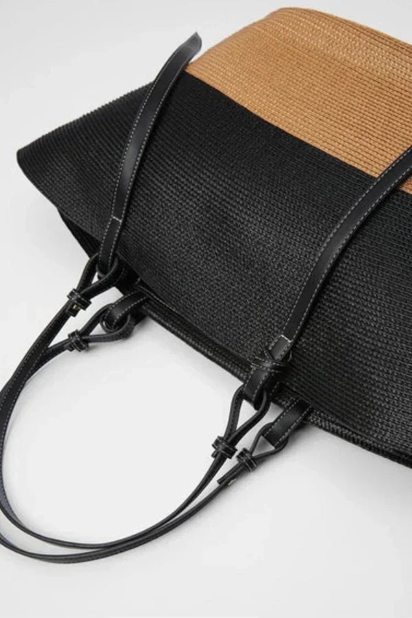 Woven Straw Tote Bag | Leather Trim Natural Finish