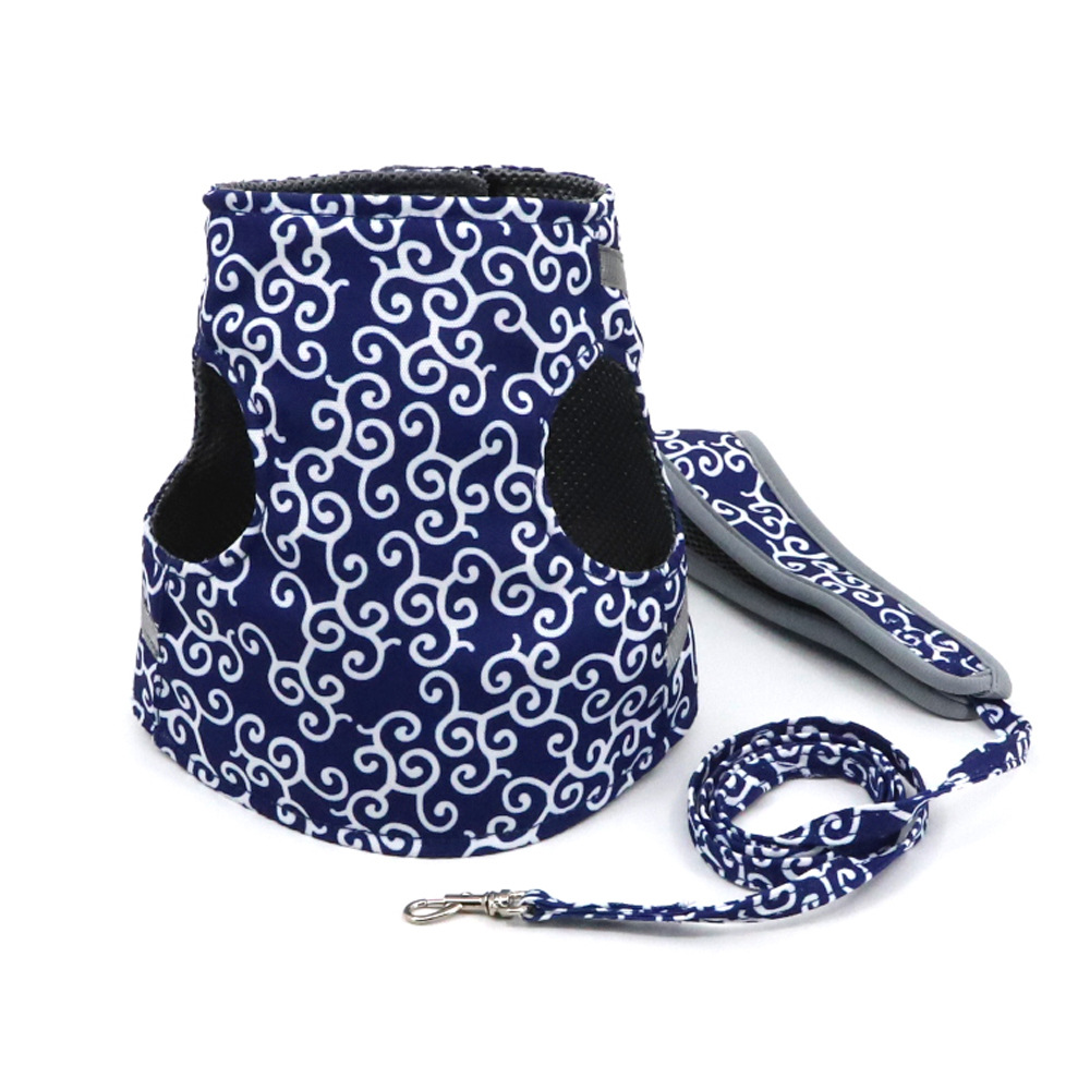 Japanese Pattern Cat Harness | Navy Blue Wave Design With Leash