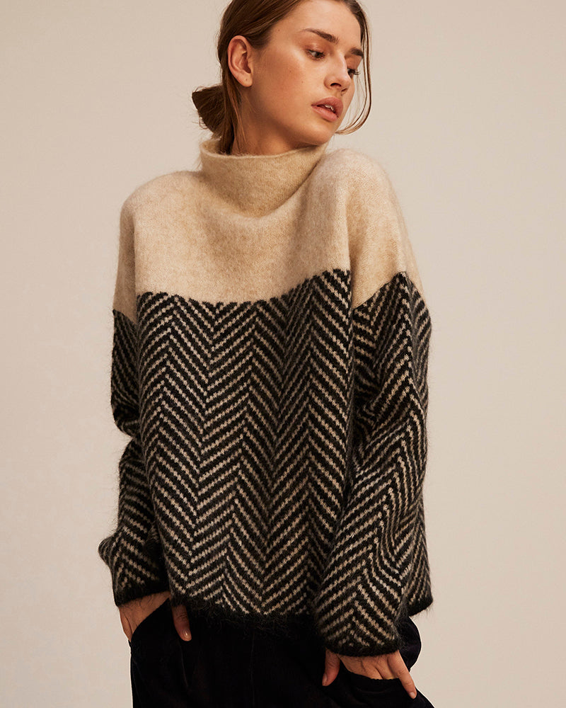 Wool Blend Turtleneck Sweater | Chevron Pattern Design