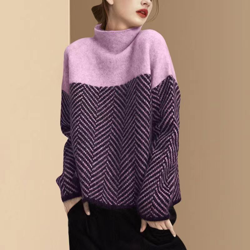 Wool Blend Turtleneck Sweater | Chevron Pattern Design
