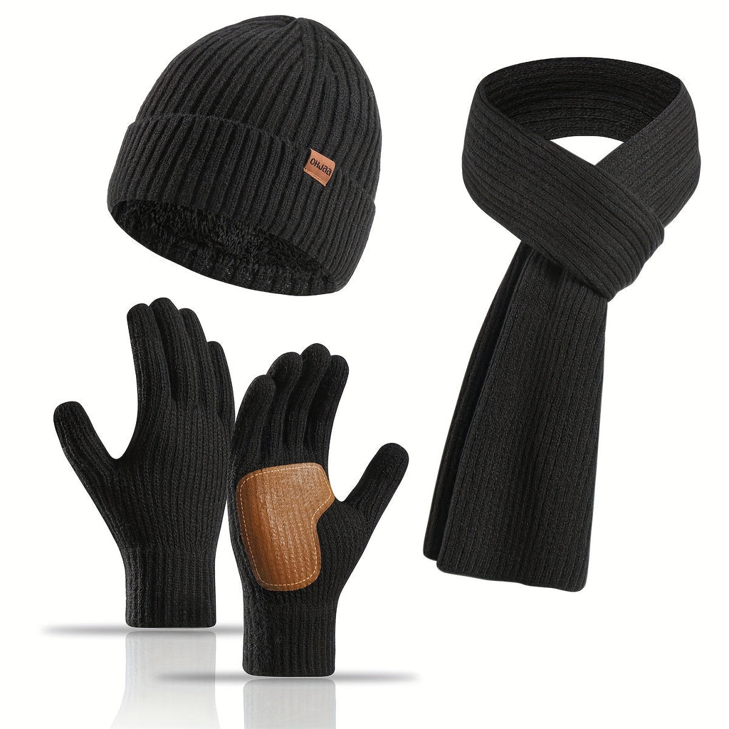 Ribbed Winter Accessories Set | Soft Knit Hat Scarf Gloves with Leather Details