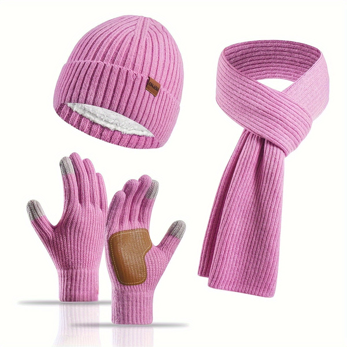 Ribbed Winter Accessories Set | Soft Knit Hat Scarf Gloves with Leather Details