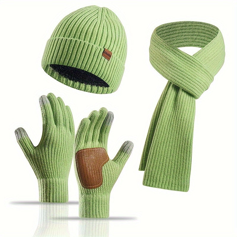 Ribbed Winter Accessories Set | Soft Knit Hat Scarf Gloves with Leather Details