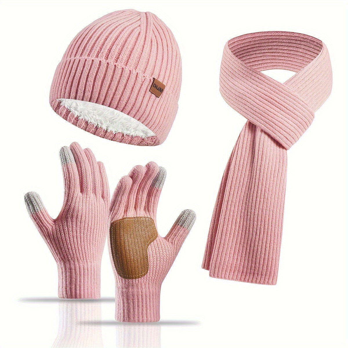 Ribbed Winter Accessories Set | Soft Knit Hat Scarf Gloves with Leather Details