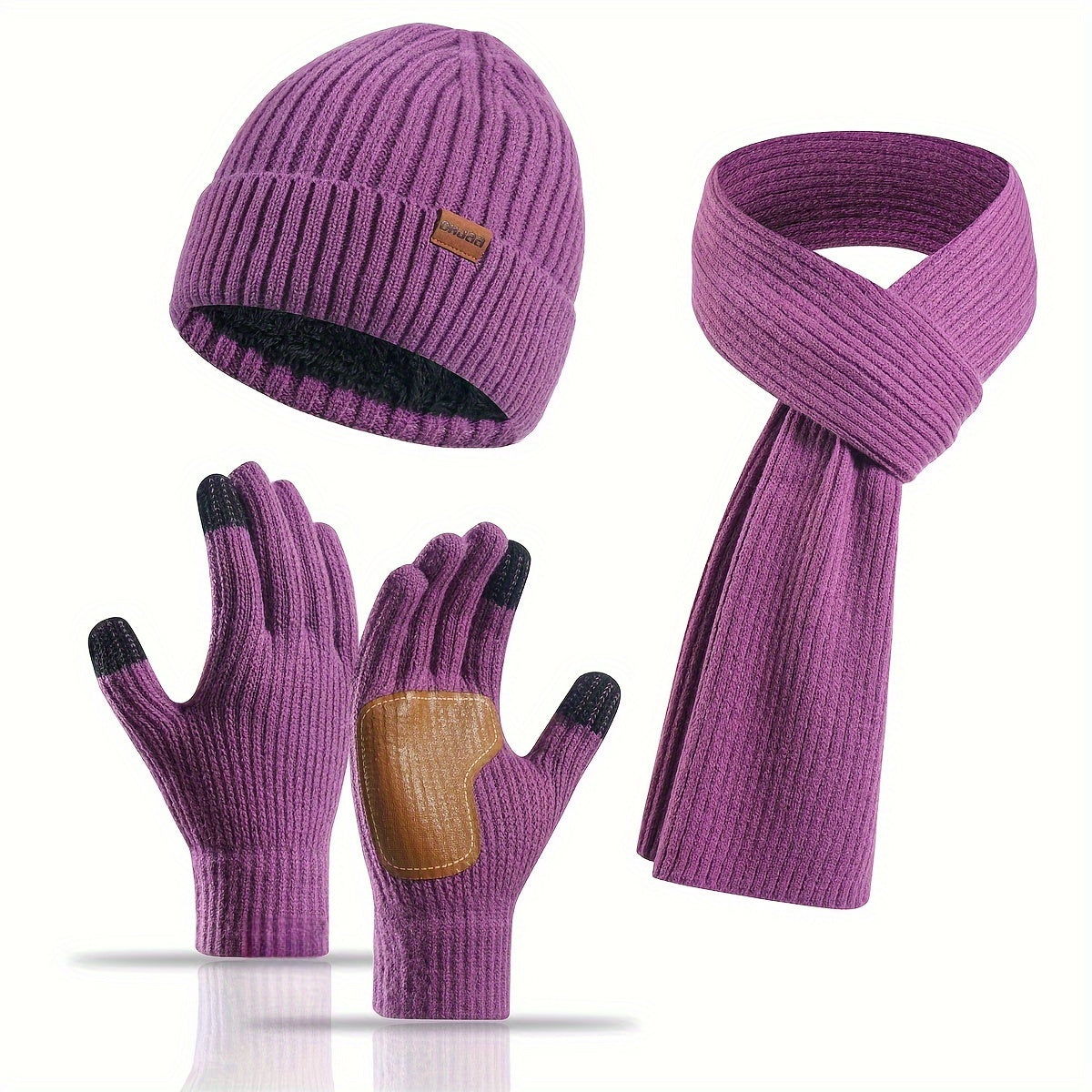 Ribbed Winter Accessories Set | Soft Knit Hat Scarf Gloves with Leather Details