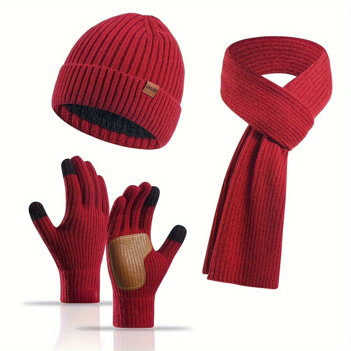 Ribbed Winter Accessories Set | Soft Knit Hat Scarf Gloves with Leather Details