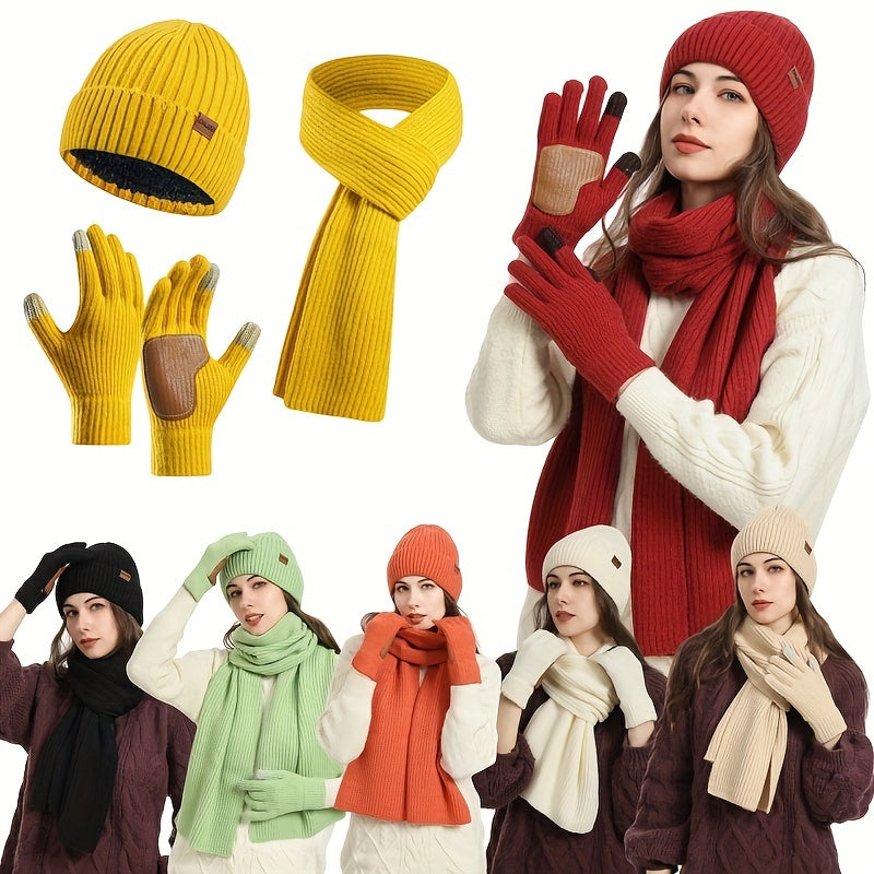 Ribbed Winter Accessories Set | Soft Knit Hat Scarf Gloves with Leather Details