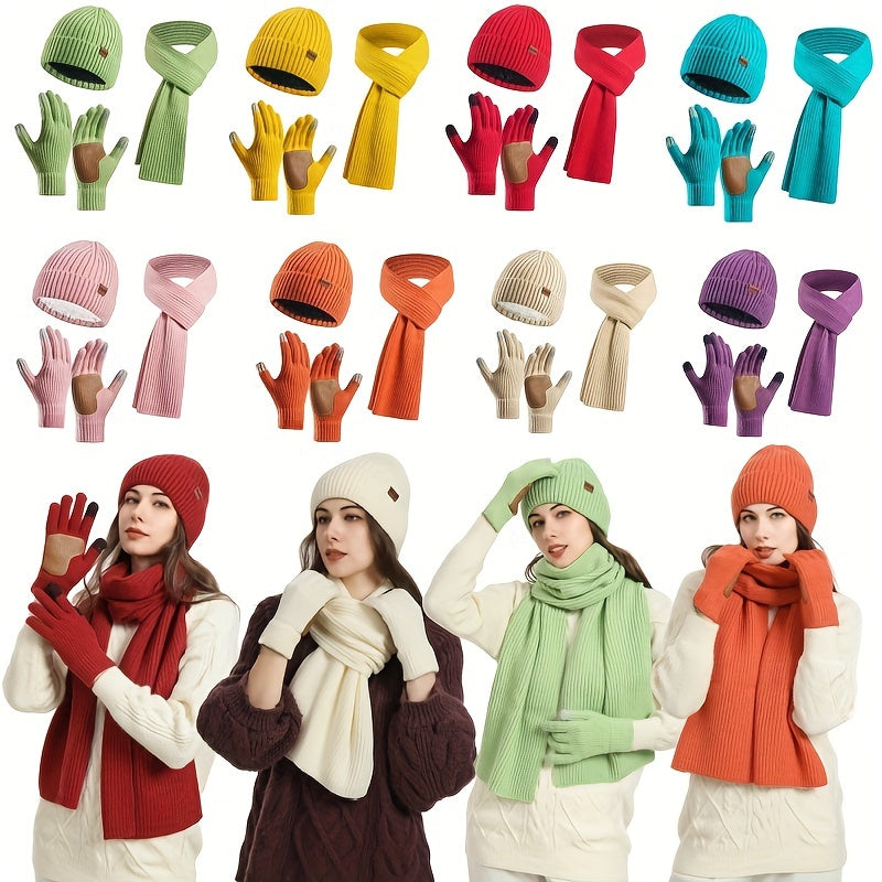 Ribbed Winter Accessories Set | Soft Knit Hat Scarf Gloves with Leather Details