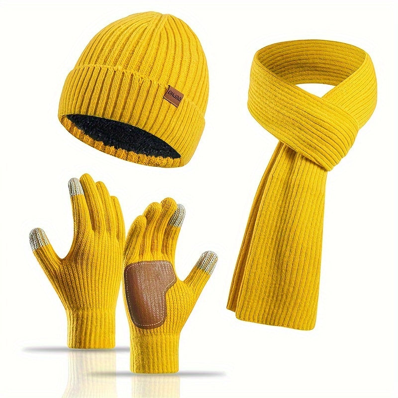 Ribbed Winter Accessories Set | Soft Knit Hat Scarf Gloves with Leather Details
