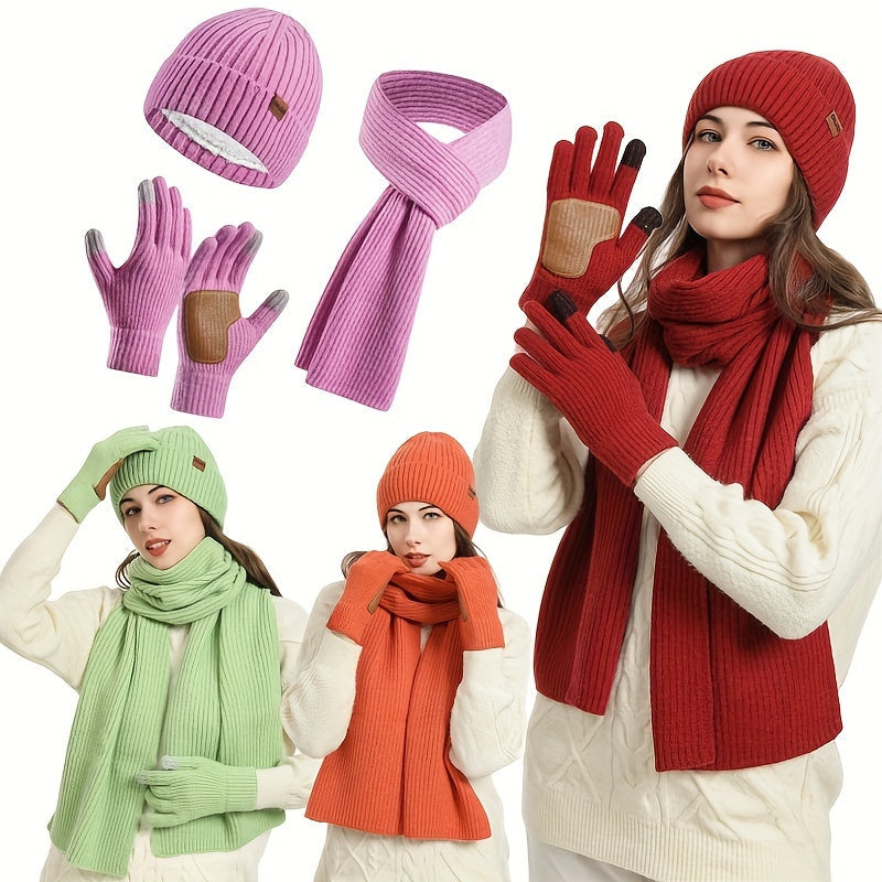 Ribbed Winter Accessories Set | Soft Knit Hat Scarf Gloves with Leather Details