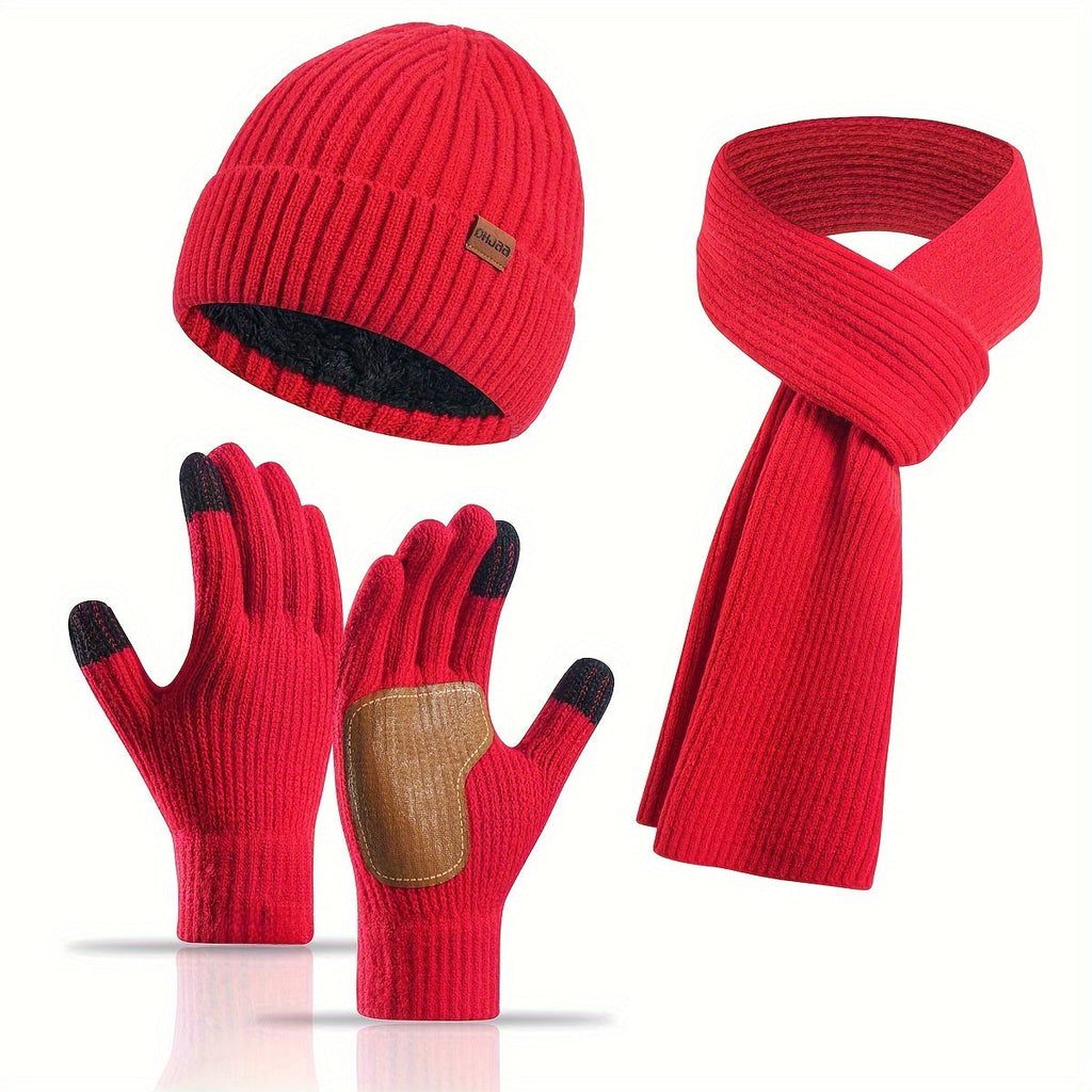 Ribbed Winter Accessories Set | Soft Knit Hat Scarf Gloves with Leather Details
