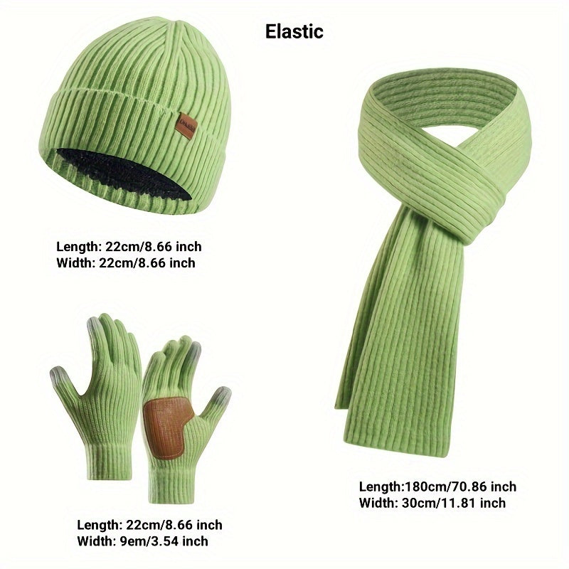 Ribbed Winter Accessories Set | Soft Knit Hat Scarf Gloves with Leather Details