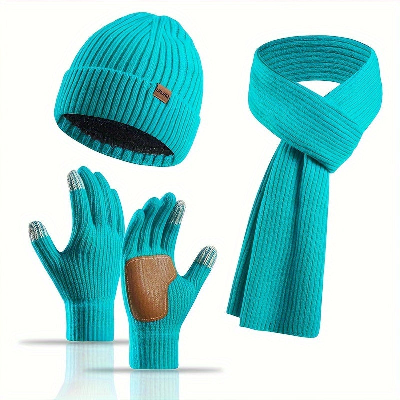 Ribbed Winter Accessories Set | Soft Knit Hat Scarf Gloves with Leather Details