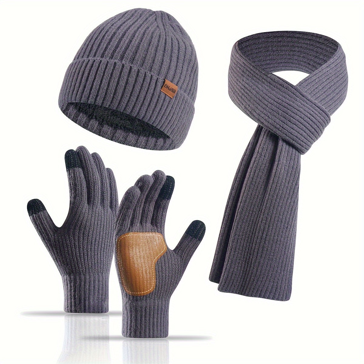 Ribbed Winter Accessories Set | Soft Knit Hat Scarf Gloves with Leather Details
