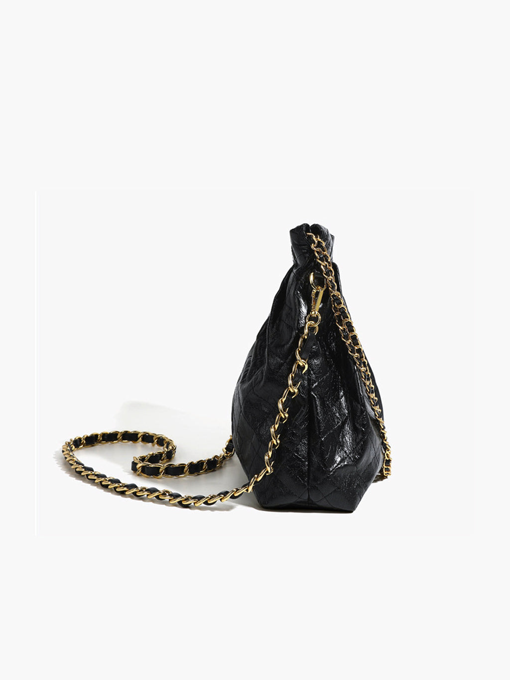 Vintage Chain Shoulder Bag | Textured Black Leather With Gold Hardware