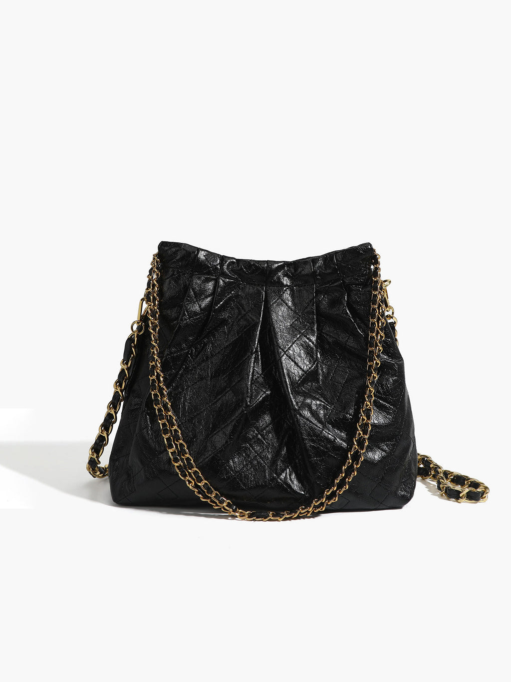 Vintage Chain Shoulder Bag | Textured Black Leather With Gold Hardware