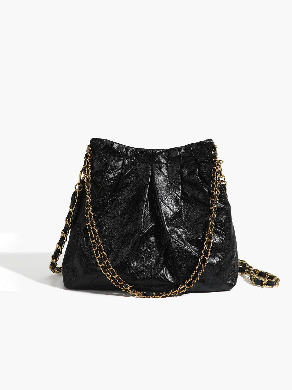 Vintage Chain Shoulder Bag | Textured Black Leather With Gold Hardware