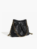 Vintage Chain Shoulder Bag | Textured Black Leather With Gold Hardware