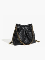 Vintage Chain Shoulder Bag | Textured Black Leather With Gold Hardware