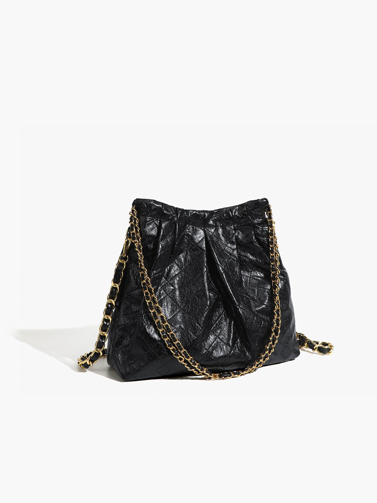 Vintage Chain Shoulder Bag | Textured Black Leather With Gold Hardware