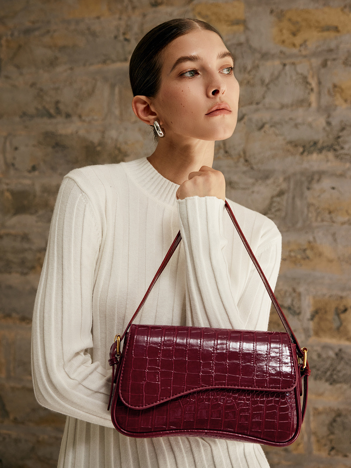 Croc Pattern Shoulder Bag | Wine Red Vegan Leather Design