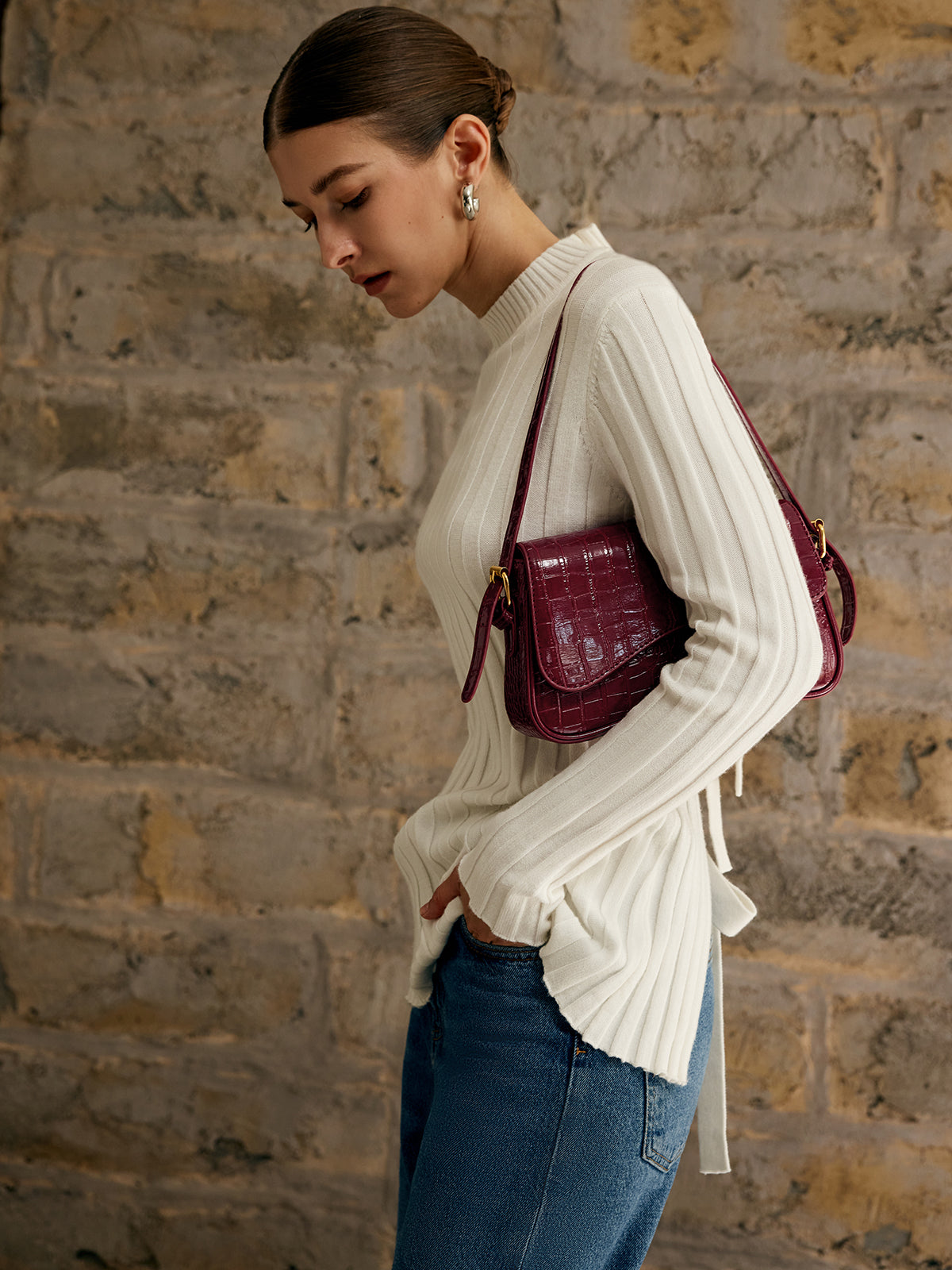 Croc Pattern Shoulder Bag | Wine Red Vegan Leather Design
