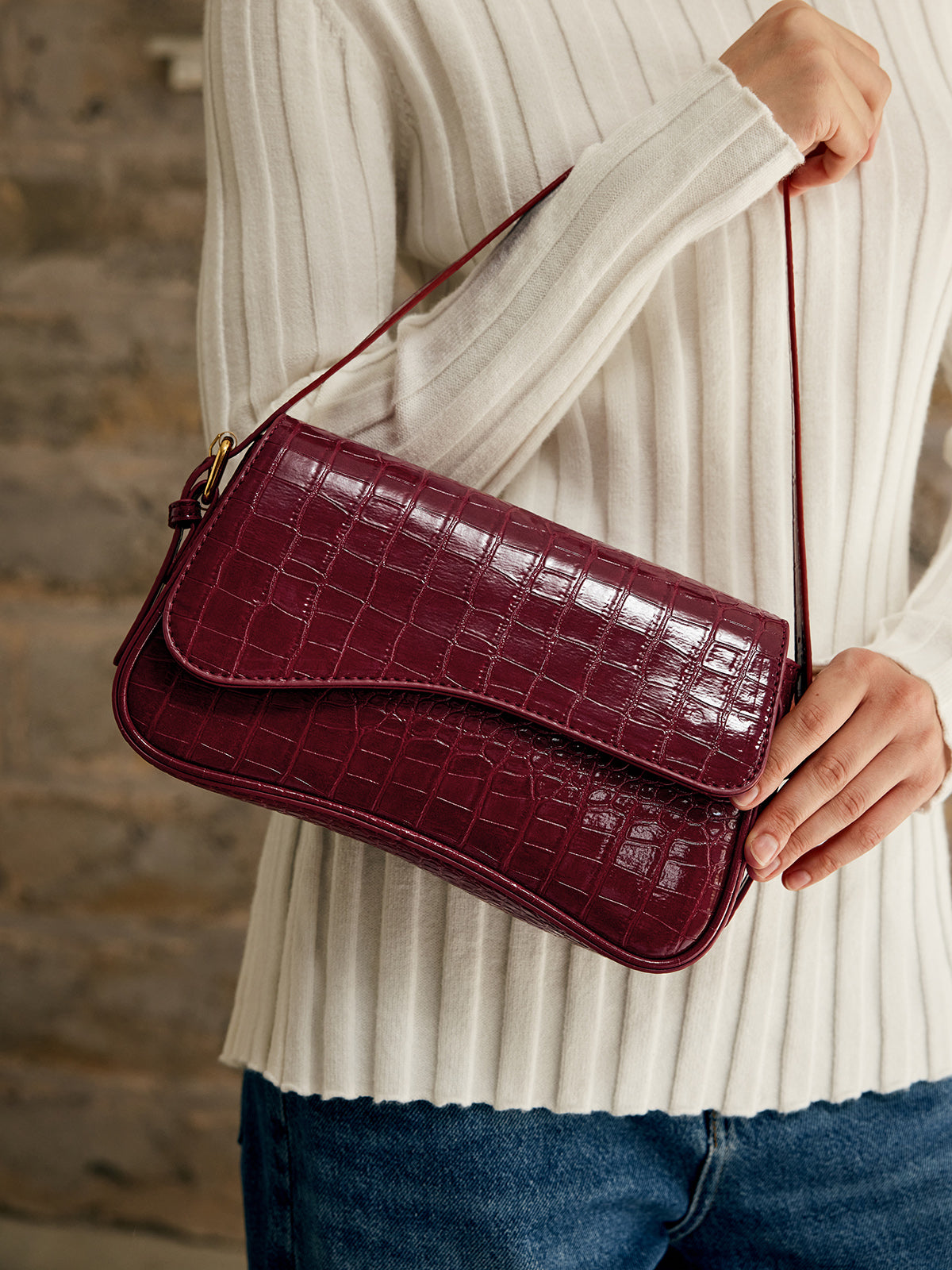 Croc Pattern Shoulder Bag | Wine Red Vegan Leather Design