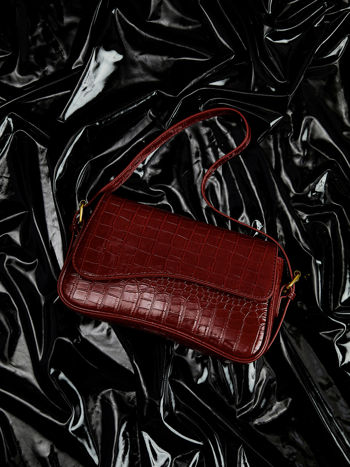 Croc Pattern Shoulder Bag | Wine Red Vegan Leather Design