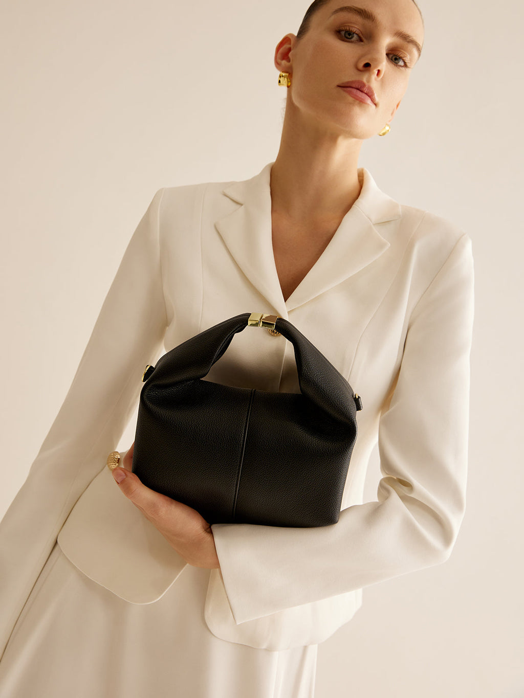Minimalist Hobo Handbag | Black Leather-Look With Gold Hardware