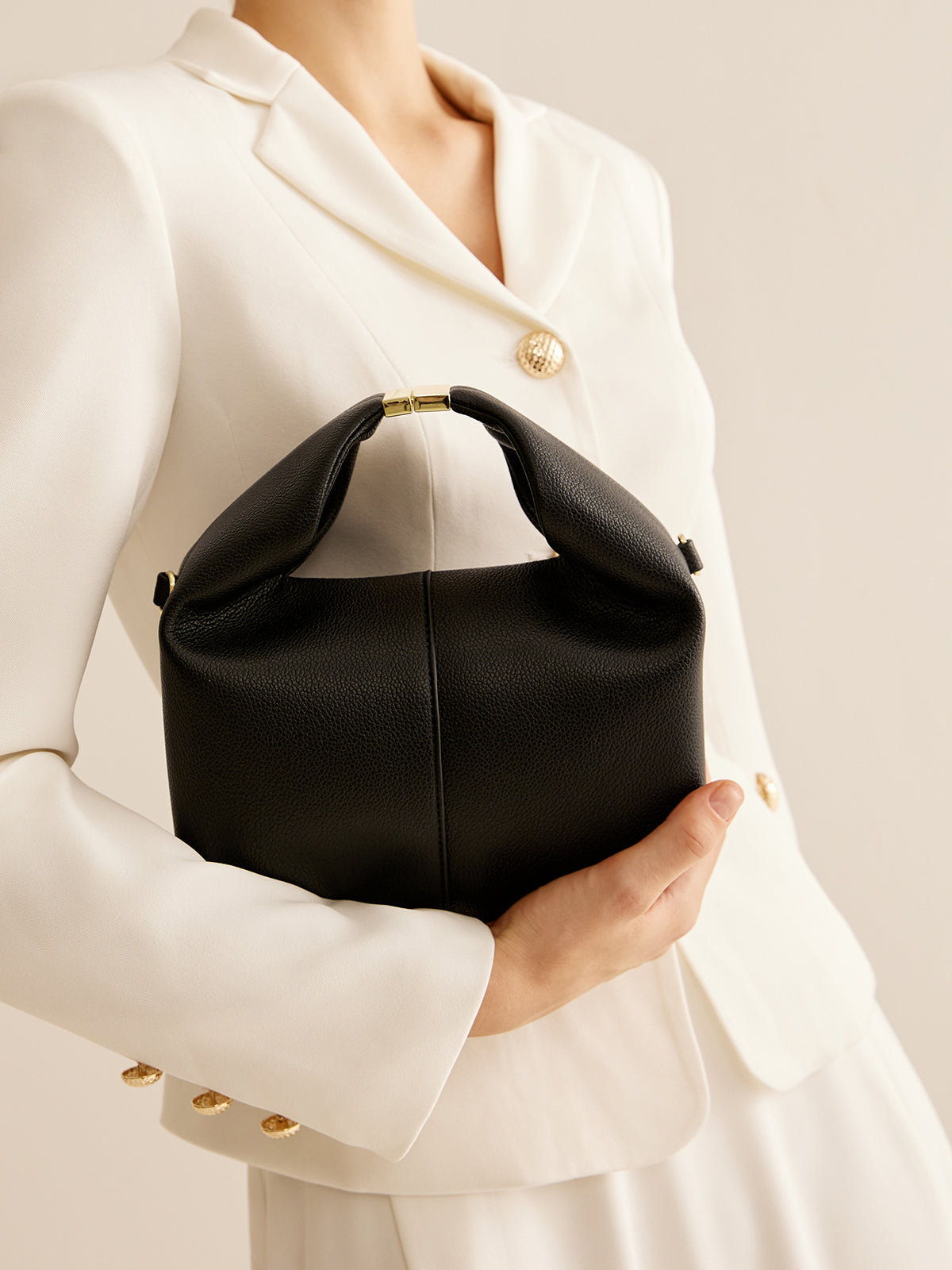 Minimalist Hobo Handbag | Black Leather-Look With Gold Hardware