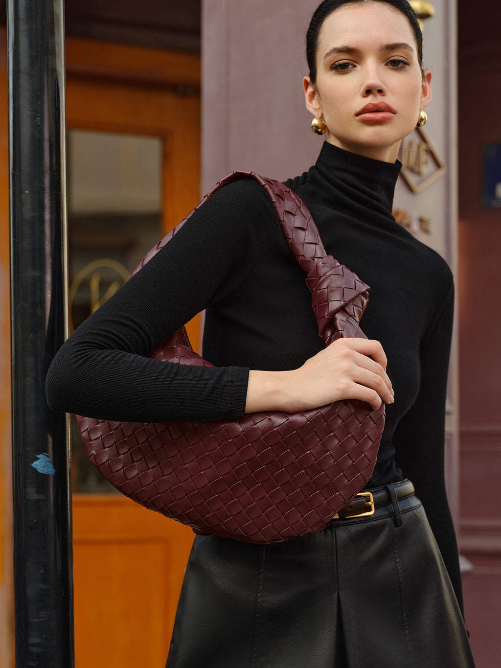 Designer Crescent Shoulder Bag | Woven Leather Pattern