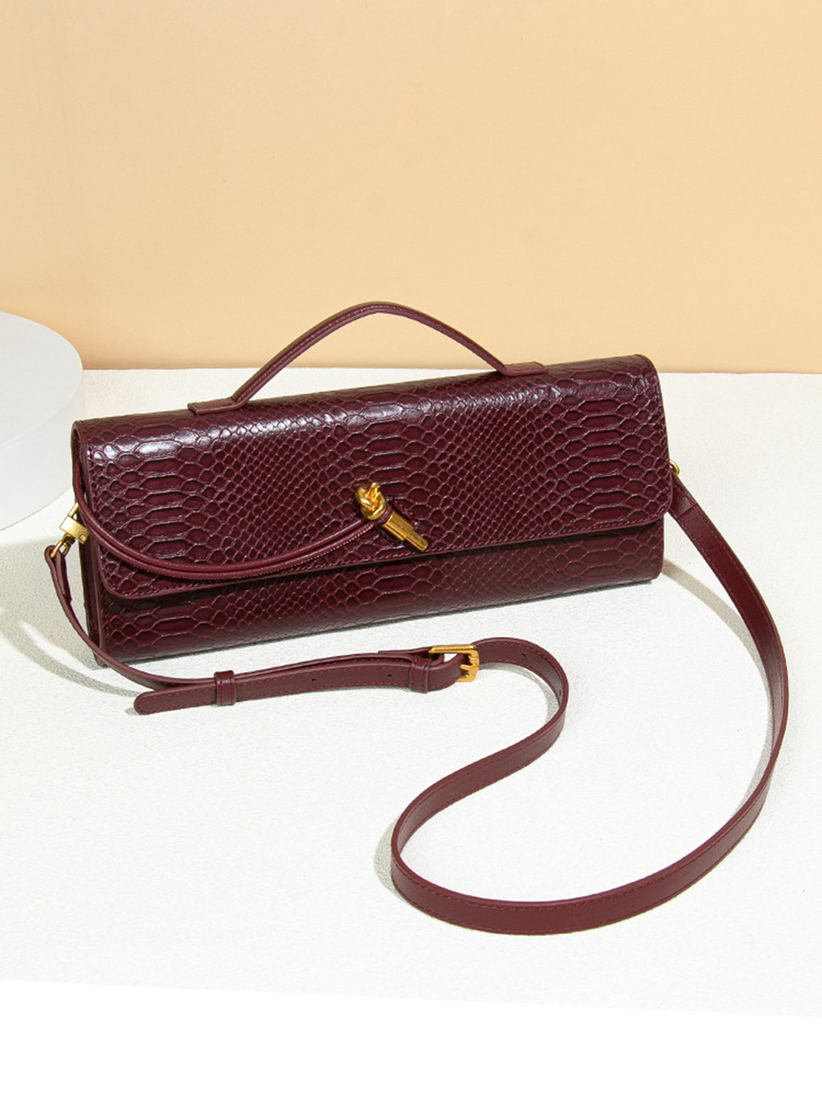 Croc Embossed Clutch Bag | Burgundy Top Handle Design