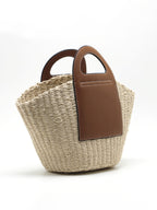 Natural Straw Tote Bag | Brown Leather Handle Design