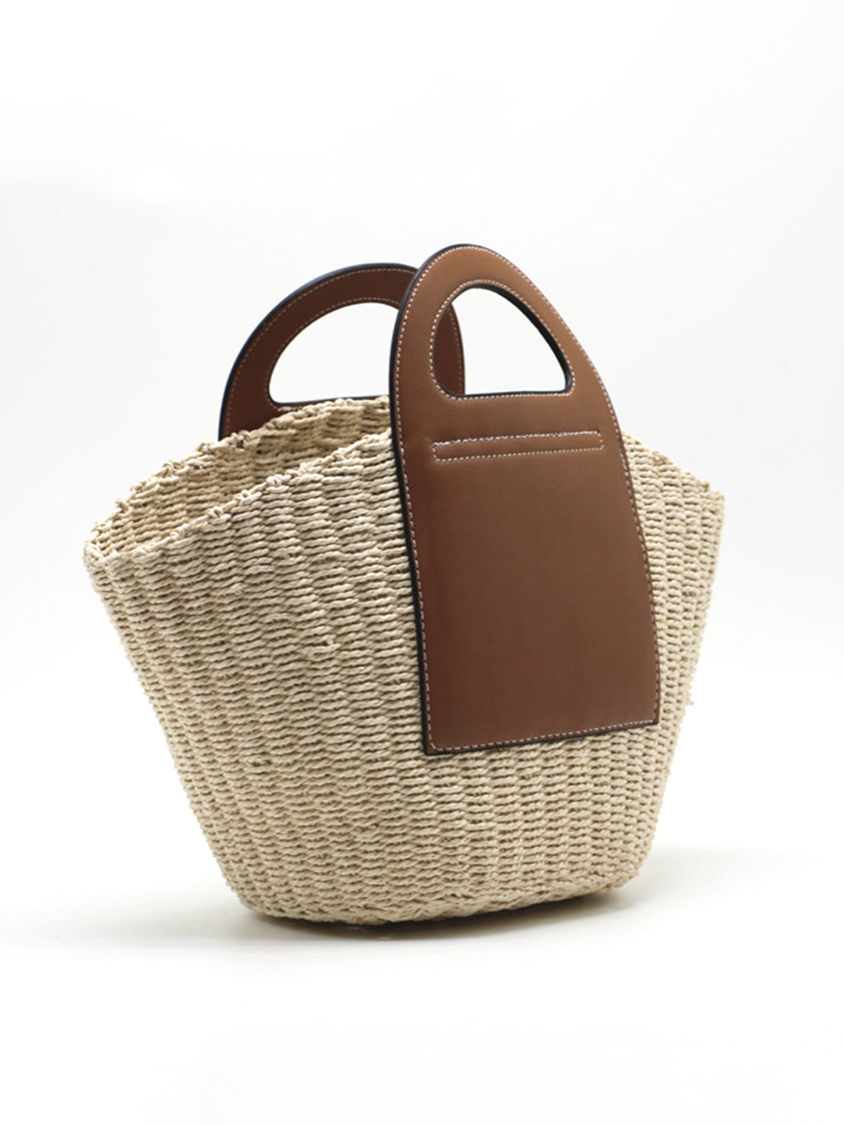 Natural Straw Tote Bag | Brown Leather Handle Design