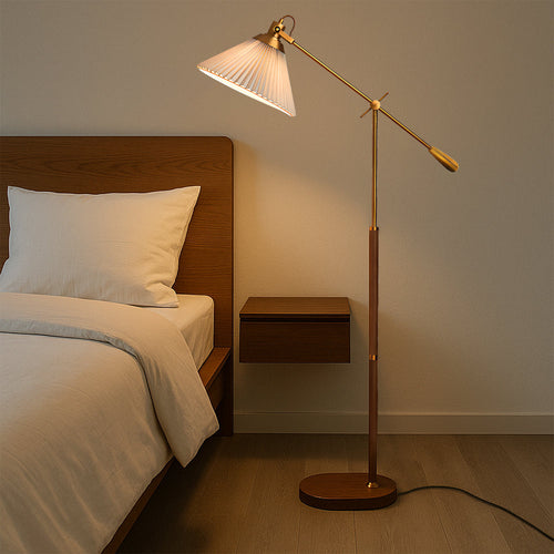 Adjustable Floor Lamp | Brass Wood Base with Pleated Shade
