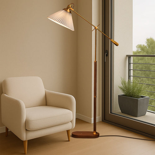 Adjustable Floor Lamp | Brass Wood Base with Pleated Shade