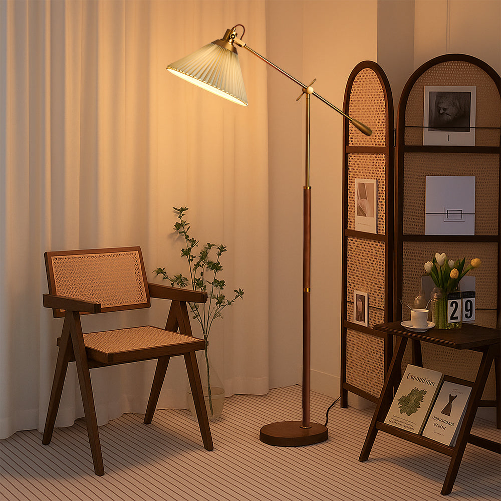 Adjustable Floor Lamp | Brass Wood Base with Pleated Shade